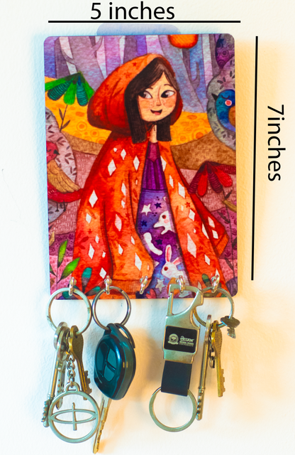 Katha Plates 5-Hook Keyholder • Multicolor • 5″×7″ • MDF • Wall-Mounted for Entryway (Red Riding Hood)